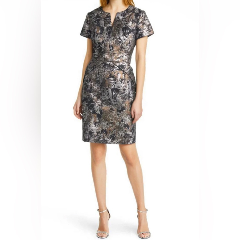 Shani NWT Jacquard Bow Detail Dress in Black/Gold Metallic Finish